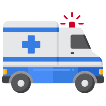 A blue and white ambulance with lights on top.