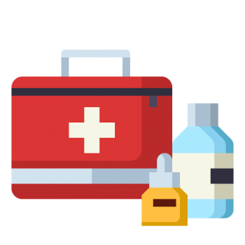 A red and white first aid kit next to a bottle of water.